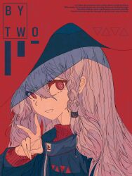  1girl absurdres alternate_costume alternate_hairstyle arknights braid braided_sidelock english_text flat_color grey_hair hair_between_eyes highres jacket ligne_claire long_hair long_sleeves looking_at_viewer parted_lips red_background red_eyes red_shirt shadow shirt simple_background skadi_(arknights) smile solo sxxr7352 triangle turtleneck v very_long_hair 