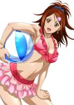  1girl bachou_mouki ball bra breasts brown_hair cleavage hair_ornament holding ikkitousen looking_at_viewer navel open_mouth pink_bra sideboob simple_background solo underwear white_background yellow_eyes 