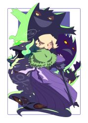  1girl :d absurdres agatha_(pokemon) alolan_marowak arbok blonde_hair cane cccacademia dress fire gengar green_eyes green_fire grin highres mature_female open_mouth pokemon pokemon_(creature) purple_dress smile smoke snake weezing yellow_eyes 