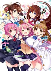  1girl ;d arm_belt belt black_pantyhose black_shorts black_thighhighs blazer blue_bow blue_hair blue_skirt blush bow bowtie braid breast_pocket breasts brown_eyes brown_hair brown_jacket buttons chaos;child chaos;head chest_bow chuo_tanegashima_high_school_uniform coat collared_shirt cropped_jacket cropped_shirt double-breasted dress_shirt dress_vest gero-froggy grin hair_between_eyes hair_bow hair_ornament hair_over_shoulder half_up_braid hand_on_own_face heart heart_button heart_hair_ornament hekiho_academy_school_uniform high-waist_skirt high_ponytail huge_breasts in-franchise_crossover jacket jacket_partially_removed lapels leather_belt long_sleeves looking_at_viewer makise_kurisu miniskirt narusawa_ryouka necktie nervous_sweating notched_lapels occultic;nine one_eye_closed one_side_up onoe_serika pantyhose petticoat phinx_(robotics;notes) pink_eyes pink_hair pink_skirt plaid_bow plaid_bowtie plaid_clothes plaid_necktie plaid_skirt pleated_skirt pocket ponytail ponytail_with_braided_base purple_bow purple_bowtie purple_skirt purple_trim red_bow red_necktie robotics;notes rotte_(1109) sailor_collar sakihata_rimi school_uniform science_adventure senomiya_akiho shirt short_hair_with_long_locks short_sleeves shorts skirt small_breasts smile steins;gate suimei_academy_school_uniform sweat teeth thigh-highs tongue upa_(steins;gate) upper_teeth_only v violet_eyes waving wavy_mouth white_belt white_coat white_sailor_collar white_shirt white_thighhighs zonko_(occultic;nine) 