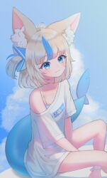  1girl absurdres ahoge animal_ear_fluff animal_ears blonde_hair blue_eyes blue_streaks bra bra_peek bra_strap cat_ears fins fish_girl fish_tail highres indie_virtual_youtuber kaisin_ao lifebuoy long_hair looking_at_viewer multicolored_hair oversized_clothes oversized_shirt paper_boat sameko_saba sameko_saba_(fish) shirt smile solo streaked_hair swim_ring tail underwear virtual_youtuber white_shirt 