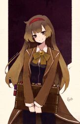  1girl absurdres black_pants black_vest book border bow bowtie brown_bow brown_bowtie brown_eyes brown_hair brown_pantyhose collared_shirt hairband highres holding holding_book library_of_ruina long_hair long_sleeves looking_at_viewer malkuth_(project_moon) pants pantyhose project_moon red_hairband rnna shirt simple_background smile solo standing upper_body vest white_border white_shirt 