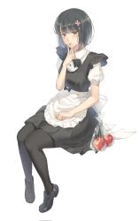  1girl alternate_costume apple apron bag black_bow black_dress black_hair black_pantyhose bow chinese_commentary collared_shirt dress enmaided finger_to_cheek flower flowers_(innocent_grey) food frilled_dress frills fruit hair_flower hair_ornament hand_on_lap highres kafkasea maid mole mole_under_eye name_connection object_namesake pantyhose parted_lips plastic_bag puffy_short_sleeves puffy_sleeves sasaki_ringo shirt short_sleeves simple_background sitting solo waist_apron white_background 
