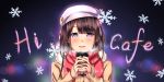 1girl brown_hair coffee hat highres long_hair looking_at_viewer open_mouth original red_scarf scarf solo tongue violet_eyes 