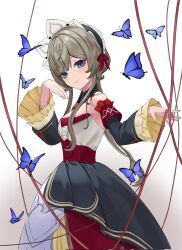  1girl bare_shoulders black_collar black_dress black_sleeves blue_butterfly blue_eyes brown_hair bug butterfly collar detached_collar detached_sleeves dress genshin_impact headdress highres jp4g6kfhb842057 long_sleeves looking_at_viewer multicolored_dress sandrone_(genshin_impact) short_hair_with_long_locks solo white_dress white_headdress 