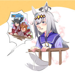  3girls ahoge animal_ears aroused_nosebleed black_hair blood blush brown_hair crown doushi_tatsu_to_dekkai_no ear_ornament faceless faceless_female fallen_down fuji_kiseki_(umamusume) grey_hair hair_between_eyes highres horse_ears horse_girl horse_tail jacket jewelry long_hair long_sleeves lying mud multicolored_hair multiple_girls nose_blush nosebleed oguri_cap_(umamusume) on_stomach pants red_pants red_track_suit school_uniform shirt short_hair solo_focus staring t.m._opera_o_(umamusume) tail tail_wagging tracen_school_uniform tracen_training_uniform track_jacket track_pants track_suit two-tone_hair umamusume violet_eyes white_hair 