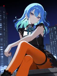  1girl asymmetrical_sidelocks black_boots black_choker black_dress blue_eyes blue_hair boots bow bow_earrings choker closed_mouth collared_dress colored_inner_hair commentary crossed_legs double-parted_bangs dress earrings english_commentary green_ribbon hair_between_eyes hair_ribbon highres hololive hoshimachi_suisei hoshimachi_suisei_(casual) jewelry lace lace_choker lace_sleeves long_hair looking_at_viewer multicolored_hair night night_sky official_alternate_costume official_alternate_hairstyle one_side_up orange_pantyhose outdoors pantyhose ribbon rooftop short_dress short_sleeves sidelocks sitting sky solo star_(symbol) star_in_eye symbol_in_eye virtual_youtuber you06 