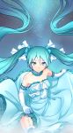  1girl absurdres aqua_eyes aqua_hair dress elbow_gloves floating_hair garter_straps gloves hatsune_miku highres long_hair revision solo thigh-highs ttc twintails very_long_hair vocaloid white_gloves white_legwear 