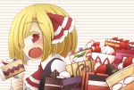  1girl blonde_hair cake fang food fruit hair_ribbon jagabutter open_mouth red_eyes ribbon rumia shirt short_hair slice_of_cake strawberry striped striped_background touhou two-tone_background vest 