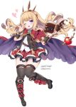  1girl ;d arm_guards bangs black_boots black_legwear blonde_hair blunt_bangs blush book boots bracelet cagliostro_(granblue_fantasy) cape glowing granblue_fantasy heart holding holding_book jewelry knee_boots knees_together_feet_apart liquid long_hair looking_at_viewer one_eye_closed open_book open_mouth red_ribbon red_skirt ribbon signature simple_background skirt smile solo test_tube thigh-highs v very_long_hair violet_eyes white_background yuuhi_homare 