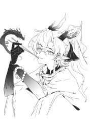  1boy absurdres arknights beads chinese_commentary chopsticks closed_mouth colored_extremities commentary_request dragon dragon_horns ear_piercing eastern_dragon greyscale hair_between_eyes hair_intakes highres holding holding_chopsticks horns light_smile lineart long_hair looking_at_viewer male_focus monochrome partial_commentary piercing pointy_ears polaris_(user_rdgx7257) simple_background solo white_background yu_(arknights) 