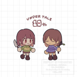  2others ankle_boots anniversary blue_sweater blunt_bangs bob_cut boots brown_boots brown_hair brown_shorts chara_(undertale) chibi chibi_only closed_eyes closed_mouth commentary copyright_name frisk_(undertale) full_body gold_necklace green_sweater grid_background hair_between_eyes heart heart_necklace highres holding holding_knife holding_stick jewelry knife leaf looking_at_another multiple_others necklace no_pupils other_focus purple_sweater red_eyes short_hair shorts simple_background skn_1027 smile standing standing_on_one_leg stick striped_clothes striped_sweater sweater symbol-only_commentary turtleneck turtleneck_sweater twitter_username two-tone_sweater undertale utdr_(toby_fox) watermark white_background yellow_sweater 