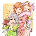  3girls :3 ahoge animal_costume blush brown_hair bunny_costume closed_eyes go-gyan-sun highres hoshi_shouko huge_ahoge ichihara_nina idolmaster idolmaster_cinderella_girls long_hair moroboshi_kirari multiple_girls open_mouth piggyback pleated_skirt silver_hair skirt smile star 