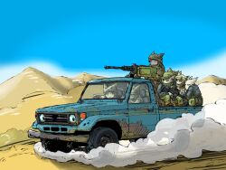  6+boys ammunition_box assault_rifle browning_m2 cat_boy desert dust_cloud gun heavy_machine_gun highres hill holding holding_gun holding_weapon machine_gun manually-operated_mounted_gun motor_vehicle multiple_boys original pickup_truck rifle sand_dune soldier truck vehicle_focus weapon yabarn 
