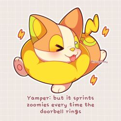  animal_focus blush closed_mouth dog english_text full_body green_eyes lightning_bolt_symbol no_humans one_eye_closed pokemon pokemon_(creature) pokemon_focus sevi_(seviyummy) smile solo tail tongue tongue_out yamper 