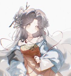  1girl aa_huaju_pifa_ma_zong bare_shoulders black_eyes black_hair chinese_clothes dress facial_mark forehead_mark green_sleeves hair_branch hair_bun highres huadian jiu_niangzi long_hair looking_at_viewer off_shoulder parted_bangs red_dress reverse:1999 single_side_bun solo upper_body white_background wide_sleeves 