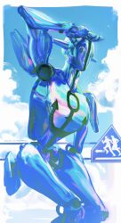  1other anchor_ornament arm_up armor blue_skin blue_sky clouds cloudy_sky colored_skin day diamond_wa_kudakenai higashikata_josuke higashikata_josuke_(jojolion) highres humanoid_robot jojo_no_kimyou_na_bouken jojo_pose jojolion no_humans robot shoulder_armor sign sky soft_&amp;_wet solo stand_(jojo) uu0000322 