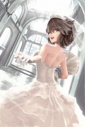  1girl bare_shoulders bismarck_(zhan_jian_shao_nyu) blue_eyes bouquet bridal_gauntlets brown_hair church dress flower highres jewelry looking_back open-back_dress open_mouth rain_(icetuofei) ring smile solo teeth wedding_band wedding_dress zhan_jian_shao_nyu 