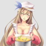  1girl ^_^ airplane apron blonde_hair blush breasts cleavage closed_eyes food highres l.sy large_breasts lexington_(zhan_jian_shao_nyu) long_hair naked_apron oven_mitts pot smile solo soup teeth zhan_jian_shao_nyu 