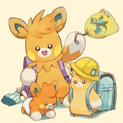  animal_focus backpack bag blue_bag charizard clothed_pokemon commentary_request diaper dot_nose evolutionary_line furukawa_raku hat highres holding holding_bag mega_charizard_x no_humans open_mouth orange_fur pacifier pawmi pawmo pawmot pokemon pokemon_(creature) purple_bag randoseru simple_background smile white_background yellow_hat 