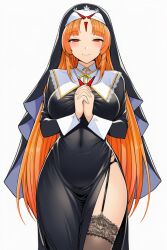 1girl black_garter_straps black_thighhighs breasts garter_straps hands_clasped hands_together large_breasts lowres non-web_source nun orange_hair red_eyes smile solo tagme thighhighs thighs