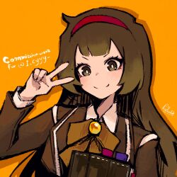  1girl absurdres book bow bowtie brown_bow brown_bowtie brown_coat brown_eyes brown_hair coat collared_shirt commission hairband highres library_of_ruina long_hair long_sleeves looking_at_viewer malkuth_(project_moon) project_moon red_hairband rnna shirt simple_background smile solo upper_body v white_shirt yellow_background 