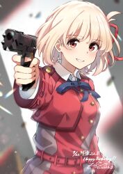  1girl absurdres belt blonde_hair blue_ribbon blurry blurry_background blush bob_cut commentary_request depth_of_field dress grey_dress gun hair_ribbon handgun happy_birthday highres hiro5000_tama holding holding_gun holding_weapon looking_at_viewer lycoris_recoil lycoris_uniform neck_ribbon nishikigi_chisato one_side_up pleated_dress red_belt red_dress red_ribbon ribbon short_hair smile solo two-tone_dress upper_body weapon 