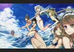  6+girls absurdres bikini blonde_hair character_request clouds condensation_trail cu_(fsy84738368) heterochromia highres jumping lens_flare letterboxed multiple_girls ocean swimming swimsuit water zhan_jian_shao_nyu 