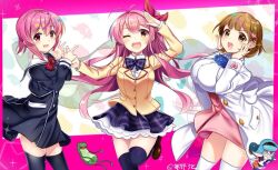  1girl 3girls antenna_hair black_thighhighs blazer blush bow bowtie breasts brown_jacket buttons chaos;child chaos;head chest_bow closed_eyes coat collared_shirt cropped_jacket double-breasted dress_shirt dress_vest gero-froggy hair_between_eyes hair_bow hair_ornament heart heart_button heart_hair_ornament hekiho_academy_school_uniform high-waist_skirt huge_breasts in-franchise_crossover jacket lapels long_sleeves medium_breasts miniskirt multiple_girls narusawa_ryouka necktie notched_lapels occultic;nine one_eye_closed one_side_up onoe_serika open_mouth pink_eyes pink_hair pink_skirt plaid_bow plaid_bowtie plaid_clothes plaid_necktie plaid_skirt pleated_skirt purple_bow purple_bowtie purple_skirt red_bow rotte_(1109) sailor_collar sakihata_rimi school_uniform science_adventure shirt skirt small_breasts smile suimei_academy_school_uniform thick_thighs thigh-highs thighs tongue v white_coat white_sailor_collar white_shirt white_thighhighs zonko_(occultic;nine) 