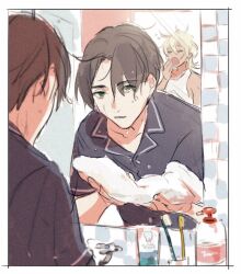  2boys akutsu_mabu black_shirt blonde_hair border collarbone green_eyes hair_between_eyes male_focus messy_hair mirror morning multiple_boys niiboshi_reo sarazanmai shaaark_rotta03 shirt short_hair sink sleepy soap tank_top toothpaste towel white_border white_tank_top yawning 