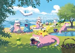  altaria arboliva basket bridge claws clouds commentary_request day dolliv fangs food fruit galarian_slowpoke grass horsea hyogonosuke official_art on_head open_mouth outdoors pikachu pokemon pokemon_(creature) pokemon_focus pokemon_on_head pond quagsire second-party_source shadow shellder sitting sky slowbro slowking slowpoke smeargle smoliv swablu sylveon tongue tree water windmill wooper 