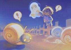  ! 1other :d ^_^ absurdres ahoge animal ankle_boots arm_up backlighting blue_background blue_shorts blue_sweater boots brown_boots brown_hair closed_eyes closed_mouth commentary double-parted_bangs english_commentary fence film_grain frisk_(undertale) from_below full_body ghost hair_between_eyes hand_up headphones highres in-universe_location kiriyume long_sleeves napstablook open_mouth outstretched_arm puffy_long_sleeves puffy_sleeves purple_sweater short_hair shorts simple_background smile snail solid_circle_eyes spoken_exclamation_mark standing striped_clothes striped_sweater sweater tongue turtleneck turtleneck_sweater twitter_username two-tone_sweater undertale utdr_(toby_fox) wooden_fence yellow_eyes 