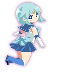  1boy 2channel 2channel_(/livejupiter/) aile-kun bishoujo_senshi_sailor_moon blue_boots blue_eyes blue_hair blue_sailor_collar blue_skirt blush_stickers boots circlet closed_mouth commentary_request cosplay elbow_gloves expressionless full_body gloves highres itini-sanshi jumping looking_at_viewer looking_back male_focus mole mole_under_eye no_lineart sailor_collar sailor_mercury sailor_mercury_(cosplay) shirt short_hair simple_background skirt sleeveless sleeveless_shirt solo trap white_background white_gloves white_shirt 