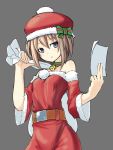  1girl artist_request bare_shoulders blanc blue_eyes brown_hair christmas hat highres looking_at_viewer neptune_(series) santa_costume santa_hat short_hair solo source_request 