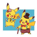 blue_background bowtie cane closed_eyes clothed_pokemon gingham hat no_humans open_mouth pikachu pokemon pokemon_(creature) simple_background suspenders top_hat unmoving_pattern white_background zrae 