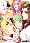  black_border blonde_hair blurry border braid brown_eyes brown_hair cup dated depth_of_field desk double_bun drinking_straw foo_fighters green_eyes green_hair green_lipstick grey_hair grin hand_on_another&#039;s_head hermes_costello horns jojo_no_kimyou_na_bouken kuujou_jolyne lipstick long_hair makeup multicolored_hair nail_polish narciso_anasui pink_hair pink_lipstick pink_nails rena_(renasight) school_uniform short_hair smile two-tone_hair v weather_report 