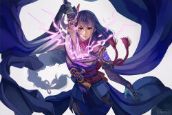  1girl arm_up asymmetrical_sleeves blunt_bangs braid bridal_gauntlets closed_mouth electricity english_commentary genshin_impact glowing glowing_sword glowing_weapon grey_background hair_ribbon holding holding_sword holding_weapon human_scabbard iubworks japanese_clothes kimono long_braid long_hair looking_at_viewer low-braided_long_hair low-tied_long_hair mitsudomoe_(shape) mole mole_under_eye musou_isshin_(genshin_impact) neck_ribbon pink_lips purple_kimono purple_nails purple_ribbon raiden_shogun red_ribbon red_sash ribbon sash shade single_braid solo sword tomoe_(symbol) uneven_sleeves upper_body violet_eyes weapon wide_sleeves 