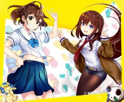  2girls arm_belt black_shorts blue_bow blush bow braid breast_pocket breasts brown_eyes brown_hair brown_jacket chest_bow chuo_tanegashima_high_school_uniform collared_shirt cropped_shirt embarrassed fingernails grin hair_between_eyes hair_over_shoulder half_up_braid high_ponytail in-franchise_crossover jacket jacket_partially_removed long_hair looking_at_viewer makise_kurisu midriff multiple_girls navel necktie open_mouth pantyhose_under_shorts phinx_(robotics;notes) pocket ponytail ponytail_with_braided_base purple_trim red_necktie ringed_eyes robotics;notes rotte_(1109) sailor_collar school_uniform science_adventure senomiya_akiho shiny_lips shirt short_shorts short_sleeves shorts small_breasts smile steins;gate thigh-highs tongue upa_(steins;gate) v very_long_hair violet_eyes wavy_mouth white_sailor_collar white_shirt 