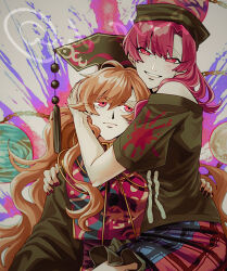  2girls black_dress black_shirt blonde_hair chain dalachi_(headdress) dress earth_(ornament) gold_chain hecatia_lapislazuli hug junko_(touhou) long_hair looking_at_viewer moon_(ornament) multicolored_skirt multiple_girls off-shoulder_shirt off_shoulder raya_(uk_0128) red_eyes red_hair red_tabard shirt skirt smile tabard touhou underworld_(ornament) 