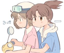  2girls ayumu_niikura blonde_hair blue_hoodie blush_stickers brown_eyes brown_hair city_(arawi_keiichi) closed_mouth collared_shirt driving floating_hair from_side hands_on_another's_chest helmet highres hood hood_down hoodie looking_ahead looking_at_viewer medium_hair motor_vehicle multiple_girls nagumo_midori on_scooter pink_shirt ponytail profile riding_scooter scooter shirt short_hair short_sleeves sidelocks simple_background translation_request white_background wichimi 