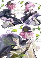  1girl bag bird_hair_ornament black_cape black_hat blue_eyes brown_bag cape character_name coat dress envelope flower flutterpage flutterpage_(gently_comes_the_thawing_breeze) hair_ornament hands_up hat holding holding_envelope holding_flower index_finger_raised lily_of_the_valley looking_to_the_side mailbag multiple_views official_alternate_costume pink_hair reverse:1999 seventeen_meimi short_twintails shoulder_bag twintails white_background white_coat white_dress white_flower 