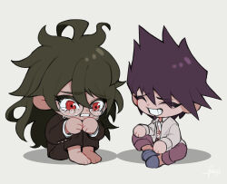  2boys ^_^ awkward barefoot blazer blue_slippers brown_jacket brown_pants brown_suit business_suit buttons chibi clenched_teeth closed_eyes collared_jacket commentary_request crying crying_with_eyes_open danganronpa_(series) danganronpa_v3:_killing_harmony dark-skinned_male dark_skin denim dress_pants eyes_visible_through_hair facial_hair false_smile flame_print formal_clothes gaba33 glasses goatee gokuhara_gonta green_hair grey_background grey_jacket grin hair_between_eyes hand_on_lap hand_on_own_knee hands_on_own_knee jacket jeans knees_apart_feet_together knees_up layered_sleeves long_hair long_sleeves male_focus messy_hair momota_kaito multiple_boys no_coat open_clothes open_jacket pants print_shirt purple_hair purple_pants red_eyes round_eyewear sad shadow sharp_teeth shirt signature simple_background sitting slippers smile suit teardrop tearing_up tears teeth very_long_hair white_shirt 