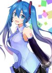  1girl absurdres aqua_eyes blue_hair detached_sleeves hatsune_miku headset highres kazenoko long_hair looking_at_viewer necktie open_mouth revision see-through solo tattoo twintails very_long_hair vocaloid white_background 