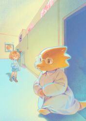  1girl 1other :o absurdres ahoge alphys bag barefoot blue_shorts blue_sweater boots breasts brown_boots brown_eyes brown_hair buck_teeth closed_eyes closed_mouth coat collared_coat colored_skin commentary double-parted_bangs english_commentary facing_another film_grain frisk_(undertale) full_body furry furry_female glasses hair_between_eyes hand_up heart highres indoors kiriyume knee_boots lab_coat long_sleeves looking_ahead mad_mew_mew mettaton mettaton_(box) no_pupils open_door open_mouth own_hands_together poster_(object) purple_sweater red_bag reptile_girl round_eyewear scene_reference shadow short_hair shorts small_breasts smile standing striped_clothes striped_sweater sweater tail teeth turtleneck turtleneck_sweater twitter_username two-tone_sweater u_u undertale utdr_(toby_fox) v_arms walking white-framed_eyewear white_coat yellow_skin 