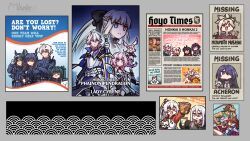  2boys 6+girls acheron_(honkai:_star_rail) arthur_pendragon_(fate) arthur_pendragon_(fate)_(cosplay) ch'en_(arknights) character_request copyright_request cosplay crossover cyrene_(honkai:_star_rail) english_text evernight_(honkai:_star_rail) fate/grand_order fate_(series) fenomeno_(umamusume) fou_(fate) fou_(fate)_(cosplay) furina_(genshin_impact) genshin_impact highres honkai:_nexus_anima honkai:_star_rail honkai_(series) kiana_kaslana kiana_kaslana_(honkai:_nexus_anima) march_7th_(honkai:_star_rail) march_7th_(preservation)_(honkai:_star_rail) mem_(honkai:_star_rail) merlin_(fate/prototype) merlin_(fate/prototype)_(cosplay) mhunter_45 missing_poster miyamoto_musashi_(fate) morgan_le_fay_(fate) multiple_boys multiple_crossover multiple_girls newspaper phainon_(honkai:_star_rail) qingyi_(zenless_zone_zero) ramen red_hare_(fate) rosa_(tears_of_themis) sampo_koski seele_(alter_ego) seele_vollerei signature tears_of_themis tokai_teio_(peak_joy)_(umamusume) tokai_teio_(umamusume) umamusume v zenless_zone_zero 