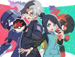  1boy 1girl amethio_(pokemon) black_gloves black_hair black_shirt bright_pupils ceruledge charcadet commentary_request eyelashes gloves hair_bun hair_ornament hairclip hand_up holding holding_poke_ball hood hood_down hooded_vest hoodie jacket liko_(pokemon) long_sleeves looking_at_viewer nm222 open_mouth outline poke_ball poke_ball_(basic) pokemon pokemon_(anime) pokemon_horizons shirt short_hair sidelocks swept_bangs vest violet_eyes watermark white_pupils yellow_bag 