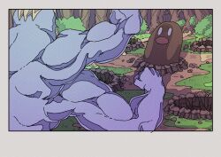  bush diglett dirt extra_arms highres hole machamp muscular no_humans o_o onamuzi_illust outdoors pokemon pokemon_(creature) pokemon_focus scared 