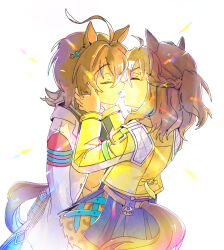  2girls agnes_tachyon_(tach-nology)_(umamusume) agnes_tachyon_(umamusume) ahoge animal_ears black_skirt braid brown_hair chemical_structure closed_eyes coat earrings face-to-face hair_between_eyes half_up_braid hand_on_another's_cheek hand_on_another's_face horse_ears horse_girl horse_tail huge_ahoge jacket jewelry jungle_pocket_(champion's_battle_cry)_(umamusume) jungle_pocket_(umamusume) kiss long_sleeves mazu1kan medium_hair multiple_girls ponytail short_ponytail simple_background single_earring skirt tail tail_through_clothes test_tube umamusume white_background white_coat yellow_jacket yuri 