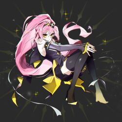  1girl black_background black_boots black_pantyhose black_shirt boots closed_mouth commentary detached_sleeves eyelashes floating full_body highres hinamori_amu long_hair mxhxkxcx pantyhose pink_hair shirt shugo_chara! solo thigh_boots very_long_hair yellow_eyes 