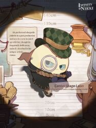  absurdres argyle_clothes argyle_hat armchair artist_request black_coat blue_eyes blue_gloves buttons center_stage_leon_(infinity_nikki) chair character_name closed_mouth coat collared_coat commentary copyright_name creature creature_focus curtains english_commentary english_text gloves green_hat grey-framed_eyewear happy hat highres indoors infinity_nikki lamp lapels logo monocle nikki_(series) no_humans notched_lapels official_art outstretched_arms piecey round_eyewear scroll second-party_source shadow shirt sleeveless sleeveless_coat smile solo string_of_photos top_hat unmoving_pattern v-shaped_eyes white_shirt 